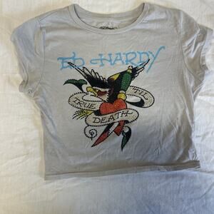 Ed Hardy Y2K Rhinestone Baby Tee Medium Gray Tattoo Swallow Heart Til Death Top